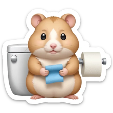 Cute chubby cartoon-style hamster holding toilet paper sitting on toilet looking as if he had an accident, sticker-style illustration sticker
