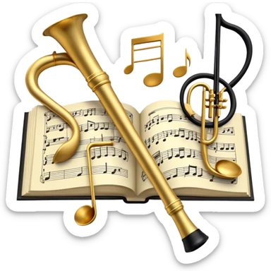 Create a sophisticated and elegant emoji that represents orchestration and arrangement. The design should feature a conductor’s baton, musical notes, and a symphonic score, symbolizing the process of arranging and orchestrating music. Incorporate instruments like a violin, trumpet, and piano keys subtly in the background, representing different sections of the orchestra. Use classical and refined colors such as gold, deep red, and black to evoke the grandeur and precision of orchestration. The background should be transparent. sticker