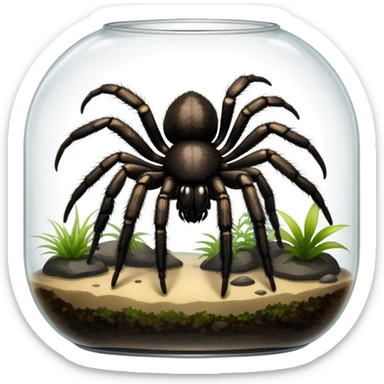 Close-up collage of a pet spider like tarantula, inside a large terrarium. Soft natural lighting highlights their textures and details. Transparent background sticker