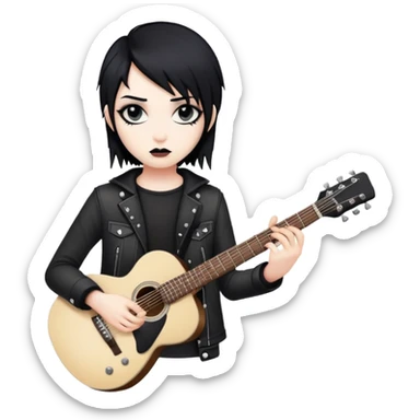 emo rockstar with black hair, dramatic makeup, holding a guitar sticker