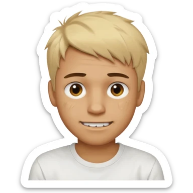 Male with short, messy blonde hair, large expressive golden-brown eyes, brown skin, subtle facial bruises and scratches, crooked smile showing slightly damaged teeth, wearing a plain white t-shirt. sticker