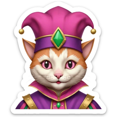 court jester cat medieval, single poker card joker clearly visible, pink, face only, court jester cap sticker