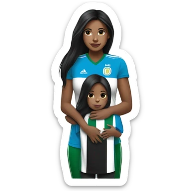 Girl with long black hair wearing a half Argentina half Nigerian jersey holding a baby  sticker