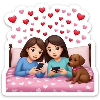 A girl with dark brown hair, layed on her bed with her dog, who who is medium brown playing on her phone with her boyfriend with her PlayStation laying beside of her heart is flying all around sticker
