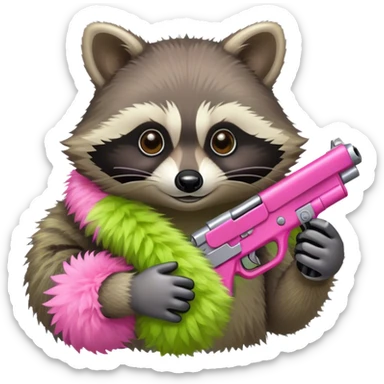 Raccoon wearing a lime green boa holding a pink gun sticker