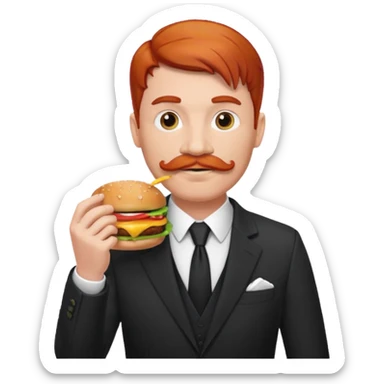 red haired with mustace male wearing suit eating hamburger sticker