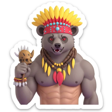 A native strong buff hyena with war bonnet flexing posing full body holding a chopped off human head by the hair  sticker