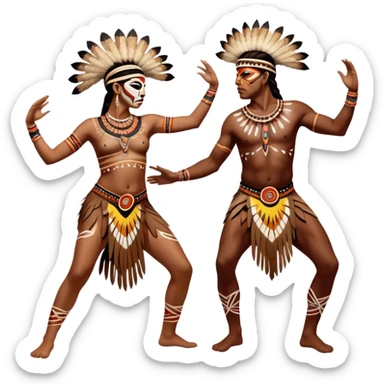 Cinematic Realistic scene of two indigenous dancers performing an Aboriginal Corroboree, adorned in intricate traditional body paint and ceremonial attire, captured in fluid motion with earthy tones and vibrant, cultural lighting sticker