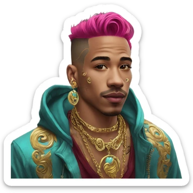 Vintage patina intricate swirls gold jewellery baroque golden raven tropical Deep pink maroon burgundy cyan dark hoodie man vitiligo dyed hair gold piercings nose piercing ear piercings sticker