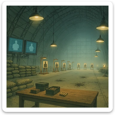 an indoor target range, inside a blimp hangar, monitor screens, sandbags, mechanical target stands with silhouette, overhead lights, blast marks on the floor, sandbags, firing range table set with ammo boxes, large work lamps, atmospheric perspective sticker