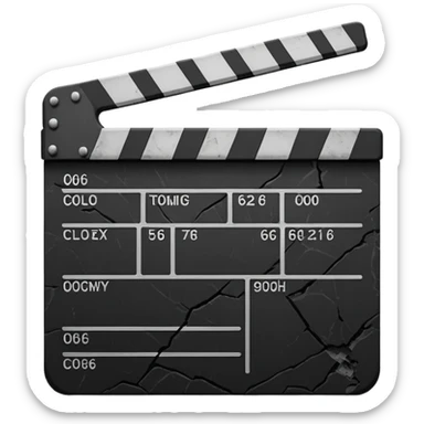Minimalist emoji-style sticker of a cracked movie clapperboard with the date “06/06/66”, faint scorched marks, all in grayscale


 sticker