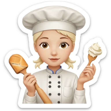 Young female baker - white chef hat, holding cream piping bag to milk oil on bread sticker