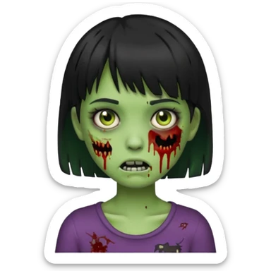 emoji, garota zumbi, estilo iphone, verde, com cabelo curto, preto, com franja, machucados pelo rosto, zumbi, com olhos brancos sticker