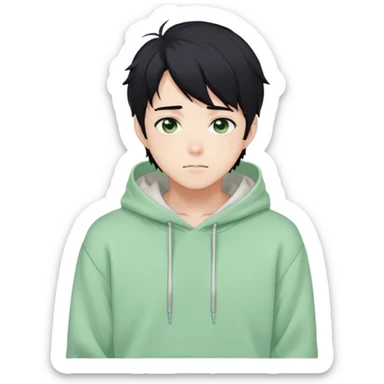 Gorgeous pastel green sweater black hair anime style shojo guy with blushing face and, hoodie, aesthetic, young adult, trending style outside  sticker
