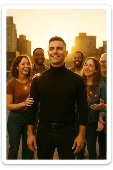 A cinematic scene of a man in his early 30s standing at the center of a sunlit urban rooftop during golden hour, surrounded by a diverse group of supportive, smiling people — friends, mentors, colleagues. They’re standing slightly behind or beside him, hands on his shoulder or gesturing toward him with encouragement. The man looks forward with a confident, inspired expression, body slightly relaxed, as if something inside di lui sta cambiando. The light behind the group forms a halo effect, emphasizing warmth and unity. Subtle visual symbolism: faint glow around their hands and hearts, suggesting their energy is uplifting him. Realistic clothing, modern style — jeans, T-shirts, casual jackets. The mood is inspiring, grounded, and full of potential. Shot in 35mm film style, with rich warm tones, shallow depth of field, and vibrant human detail. sticker