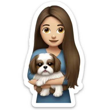 Brunette girl with brown long hair, hugging her Shih tzu white sticker