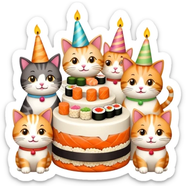 six happy cats wearing party hats celebrating a birthday party around a large cake made entirely of sushi with a candle on top sticker