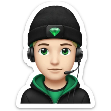 garcon avec un bonnet noir avec un emeraude dessus et un casque gaming moin bronzé sticker