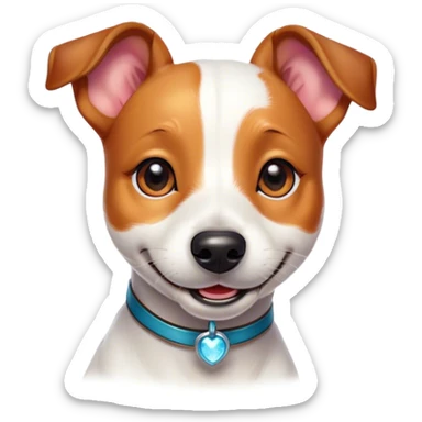 Cinematic Cute Jack Russell Terrier Portrait Emoji, Head tilted playfully and inquisitively, featuring a charming, small yet spirited body with a smooth, glossy coat, round, sparkling eyes full of delightful curiosity, and an endearing, mischievous smile, Simplified yet irresistibly adorable features, highly detailed, glowing with a warm, inviting glow, high shine, affectionate and lively, stylized with a touch of whimsical canine charm, soft glowing outline, capturing the essence of a mischievous yet lovable Jack Russell Terrier that seems as if it could scamper out of the screen into your arms! sticker