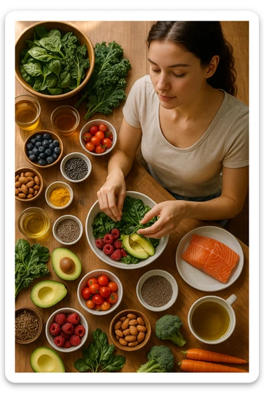 A realistic, cinematic flat-lay image of a clean wooden kitchen table filled with fresh, colorful whole foods known to help reduce androgen excess naturally. The table includes leafy greens like spinach and kale, avocados, berries, colorful vegetables, nuts, seeds (chia and flaxseeds), wild-caught salmon, and herbal teas, carefully arranged in an aesthetically pleasing, organized manner. A small glass bowl with olive oil and another with turmeric powder are included, emphasizing anti-inflammatory properties. In the scene, a young woman with clear, healthy skin and a calm expression is preparing a bowl with these ingredients, symbolizing a hormone-balancing diet. Warm, natural daylight streams in, creating a cozy and inviting atmosphere. The style is hyper-realistic 35mm photography, with vibrant yet soft colors, showcasing textures of the fresh produce and the peaceful vibe of using nutrition to support hormonal balance in italiano sticker