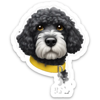 Black portugese water dog with white beard and yellow collar sticker