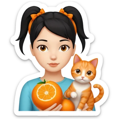 A black haired girl with a high ponytail holding an orange cat sticker