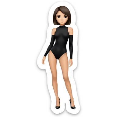 Victoria Beckham with light skin, short dark brown bob, black bodysuit wearing black heels sticker