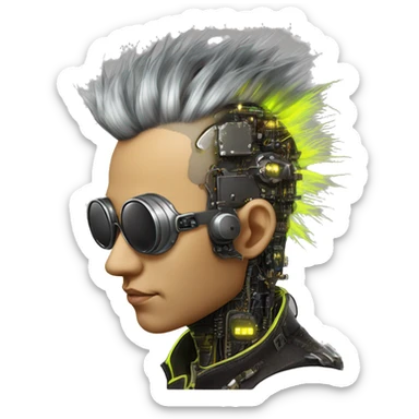 Neon yellow Mohawk hair Asian male cyborg head with silver steampunk goggles and circuits sticker