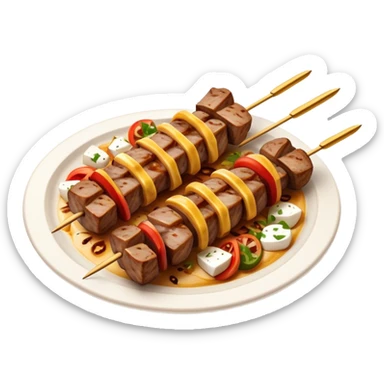 Cinematic Realistic Souvlaki Dish Emoji, showcasing skewered, grilled meat with Mediterranean spices rendered with dynamic textures and warm, appetizing lighting. sticker