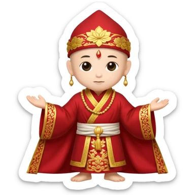 A small chibi-style monk character with red ceremonial robe with layered fabric and decorative gold-like patterns and an ornate red monk hat shaped like lotus petals.

 sticker