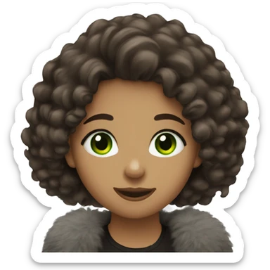 a girl with dark brown fluffy hair, green eyes, long lashes and braces sticker