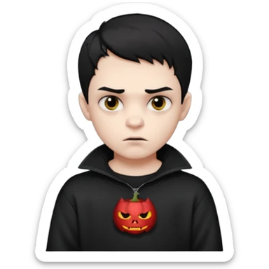 Vampire boy with the short black hair, pale-white skin, black eyes, little fangs and dark circles under his eyes. He has serious face and he wear a black oversize sweatshot sticker