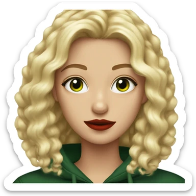A blond girl with waved hair, medium length, red lips, green eyes, black hoody, red long nails, sharp features sticker