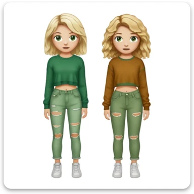 Two girls, both white, one with short wavy blonde hair and green eyes, dressed in punk Y2K fashion and the other with long wavy brown hair, brown eyes, freckles; and cozy green clothes  sticker
