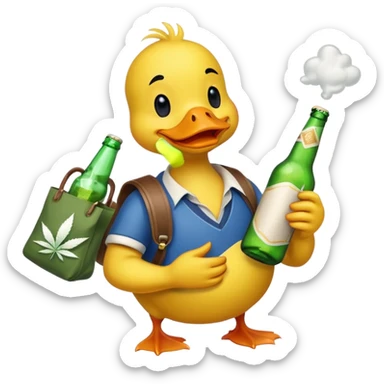 Drunk and high duck animal holding beed bottle and a bag of weed sticker