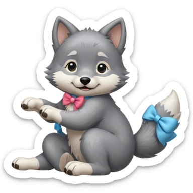 an animated gif sticker emote of a wolf puppy in a play bow wagging its tail in a smooth, natural arc over its back sticker