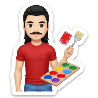 generate a pretty fair bratz boy with a long mullet (black hair), mustache, carrying a paint palette in hand and wearing a red tshirt. Lean but biceps sticker