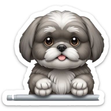 cute all grey shih tzu peeking through window blinds with one paw holding down the shade behind the shade sticker