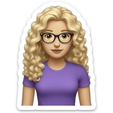 caucasian curly blonde long haired blue eyes woman purple t-shirt black glasses sticker