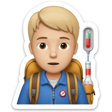 person with backpack and thermometer in mouth sticker