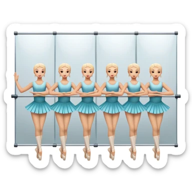 Icon for Choreography: a group of dancers in identical poses, standing by a wall with all wall long mirror, holding a long barre with one hand. The icon should capture the discipline and synchronized movement of dance training. Transparent background. sticker