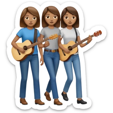 based on emoji style, like this "💁🏻‍♀️" "💁🏽‍♂️" "💁🏻", two people walking together, one is brown-haired woman, wearing business casual, holding a guitar; another one is a non-binary person, wearing t shirt and jeans, and this person doesn't have anything on their hands. they are walking together. sticker