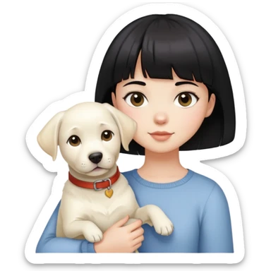 A girl with short black hair and bangs holding a white Labrador sticker