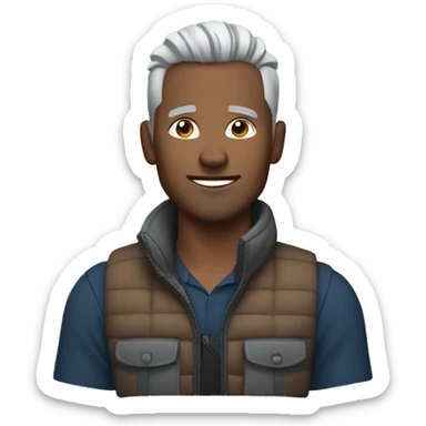 Finance bro with light grey short spike hair, brown skin and mountain hardwared puffer vest over blue shirt sticker