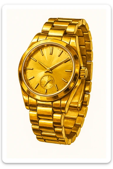 Сгенерируй мне часы ЗОЛОТЫЕ, дорогие, в чуть рисованном стиле. На чисто белом фоне. БЕЗ НАДПИСЕЙ. Но при этом объмная и яркая. Золото не должно быть пластмассовое, оно должно быть блестящие, хорошее sticker