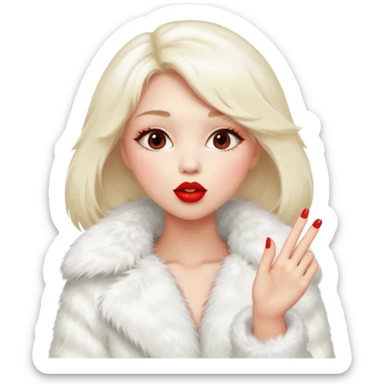 A beautiful, cute girl with red lipstick on her lips in a white fur coat,  in full view, blowing a kiss. sticker