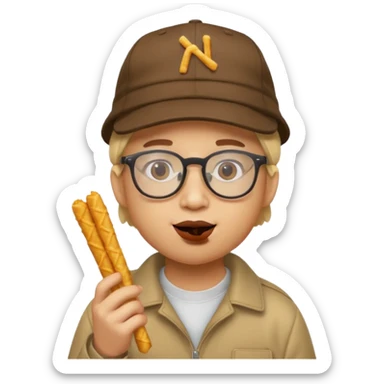 num num eatting hashbrown sticks with a cap and glasses sticker
