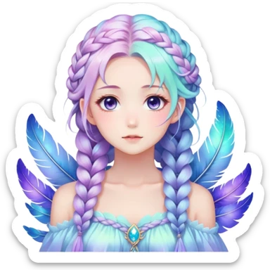 Beautiful gorgeous anime lady with beautiful iridescent-nebula-braided-hair, fashion aesthetic, ethereal, fairycore, pastelcore, feathers sticker