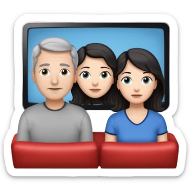 middle-aged couple Watches a movie in the living room • Physical description: • man: brown eyes; very short grayish-black hair • woman: Long wavy silver grayish-brown hair tied in a ponytail; blue eyes sticker