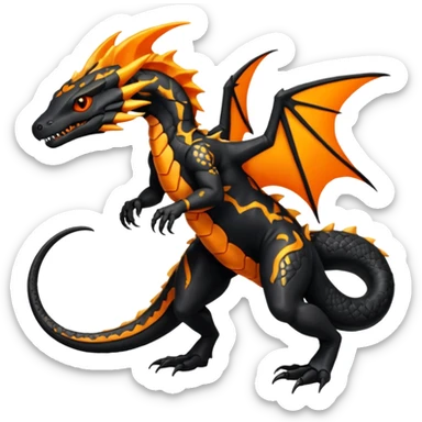 Magmatic fiery badass cool obsidian-Black and golden-orange Helioptile-Amaura-Salandit-Fakémon-hybrid-creature (full body)  sticker